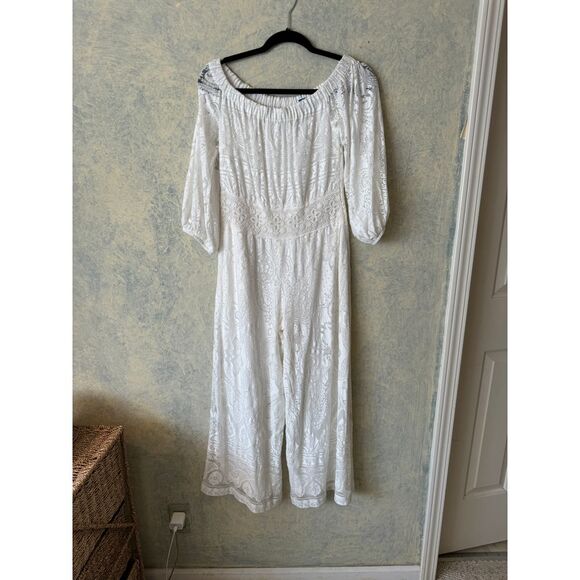Farm Rio for Anthropology Elliott off the shoulder white lace jumpsuit - Picture 9 of 11